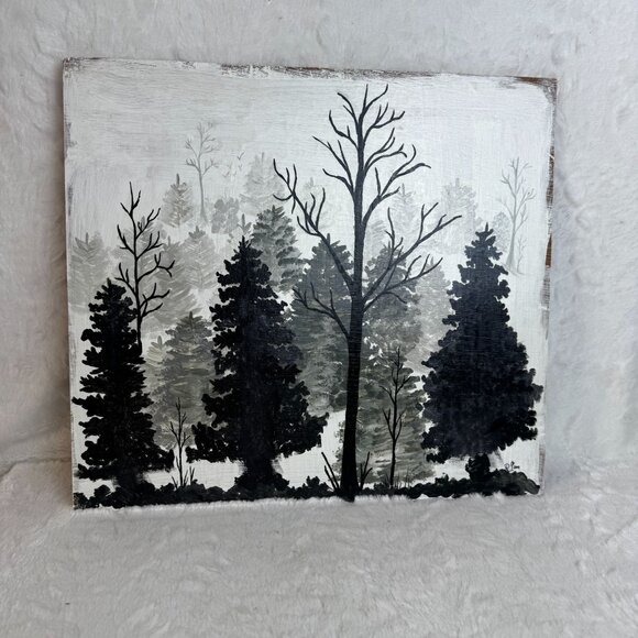 Hand-Painted Forest Landscape On Wooden Board Silhouette Misty Morning - Picture 1 of 4